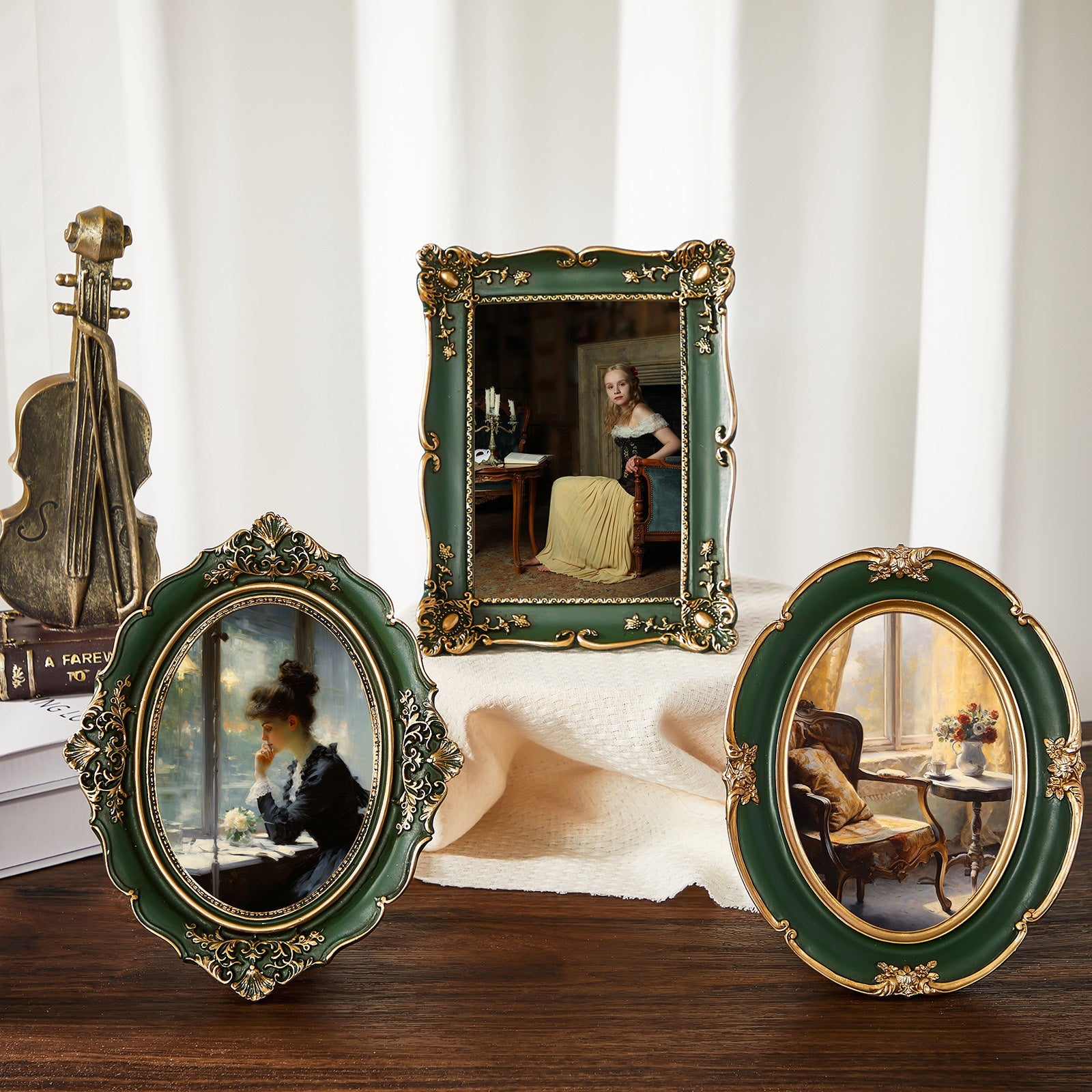 Briwooody 3pcs vintage Green Picture Frame Set - Vintage Ornate Oval Photo Frames with Glass Fronts, Tabletop & Wall-Mountable Display for photos, art, certificates - Horizontal Picture Frames for Decor (Green vintage Style)