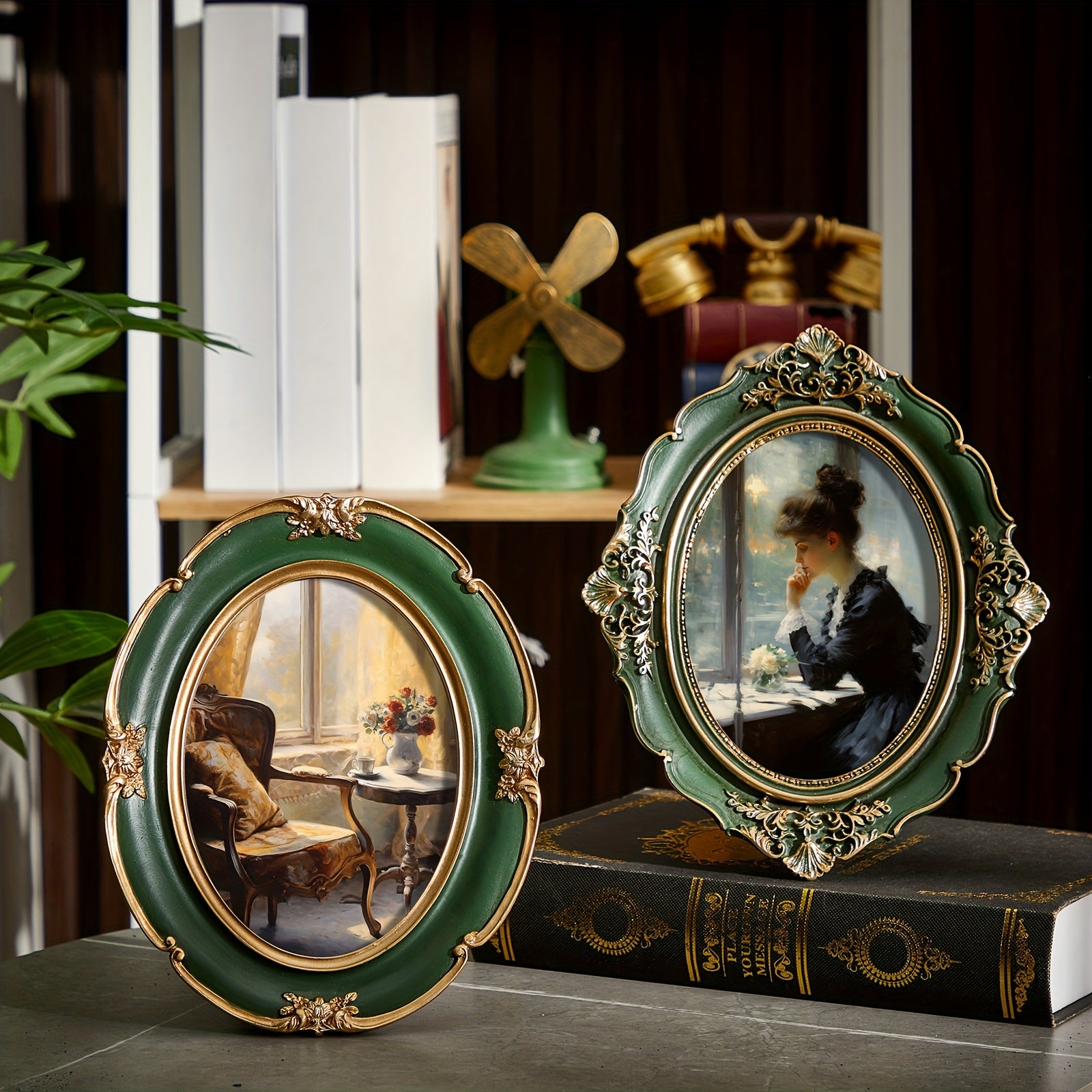Briwooody 3pcs vintage Green Picture Frame Set - Vintage Ornate Oval Photo Frames with Glass Fronts, Tabletop & Wall-Mountable Display for photos, art, certificates - Horizontal Picture Frames for Decor (Green vintage Style)