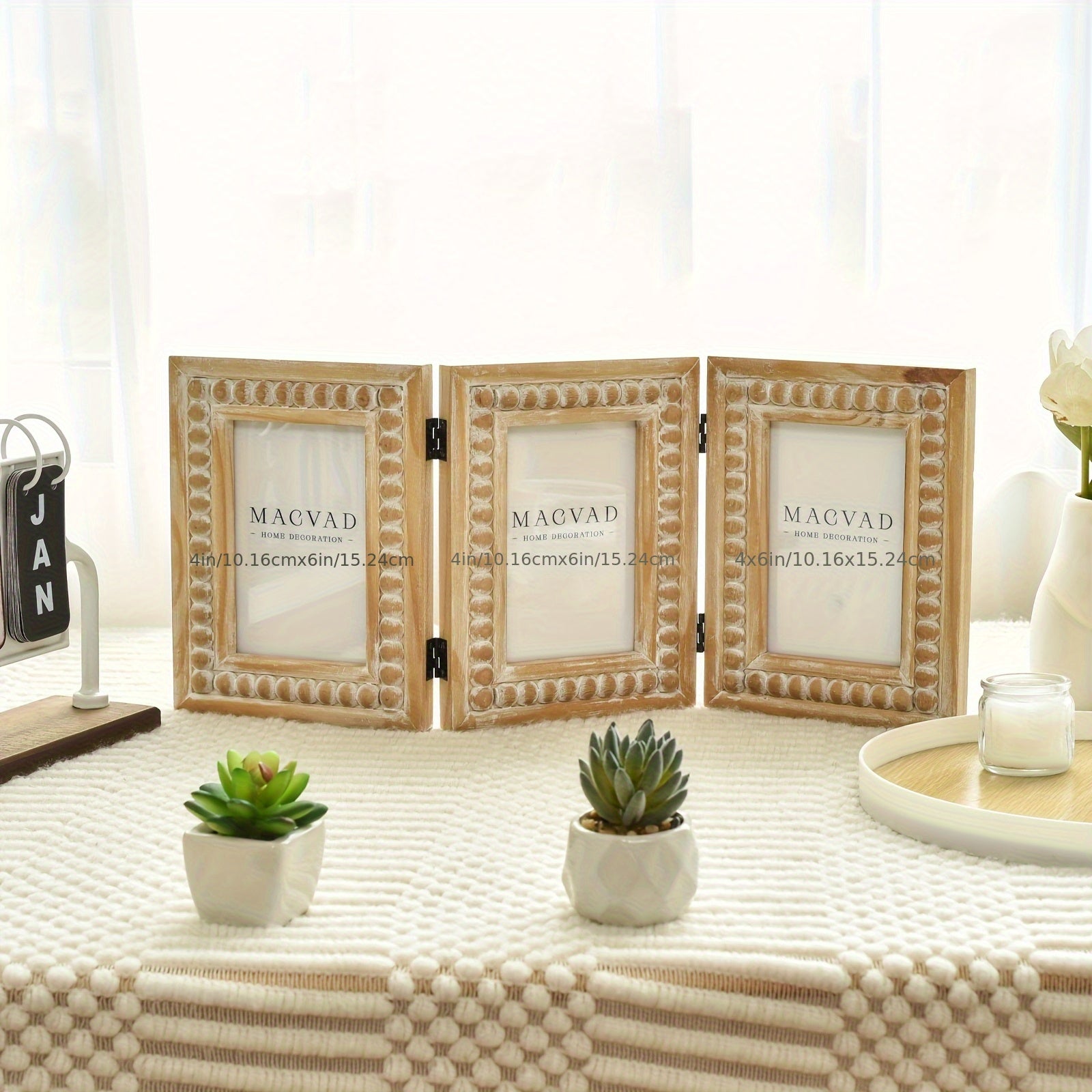 Rustic Distressed 3-Photo Folding Collage Picture Frame with Wood Beads - 3-Panel Tabletop\u002FWall-Mountable Picture Frame Suitable for 4x6 Photos, Farmhouse Decor Gift for Family & Friends