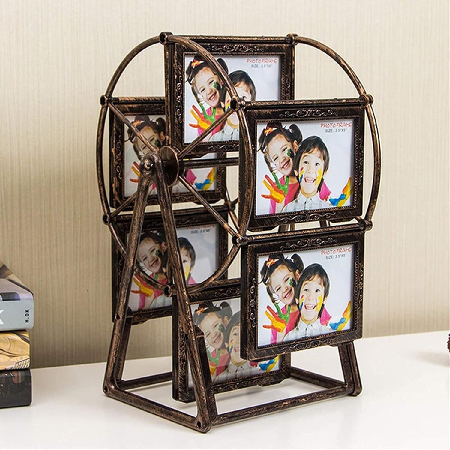 Retro Vintage Rotating Ferris Wheel Picture Frame | Personalized Family Photo Frame Shows 12 Photos, Home Decor, Rotatable Windmill Design, Family Tree Photo, Eclectic Style, Horizontal Orientation, No Electricity Needed