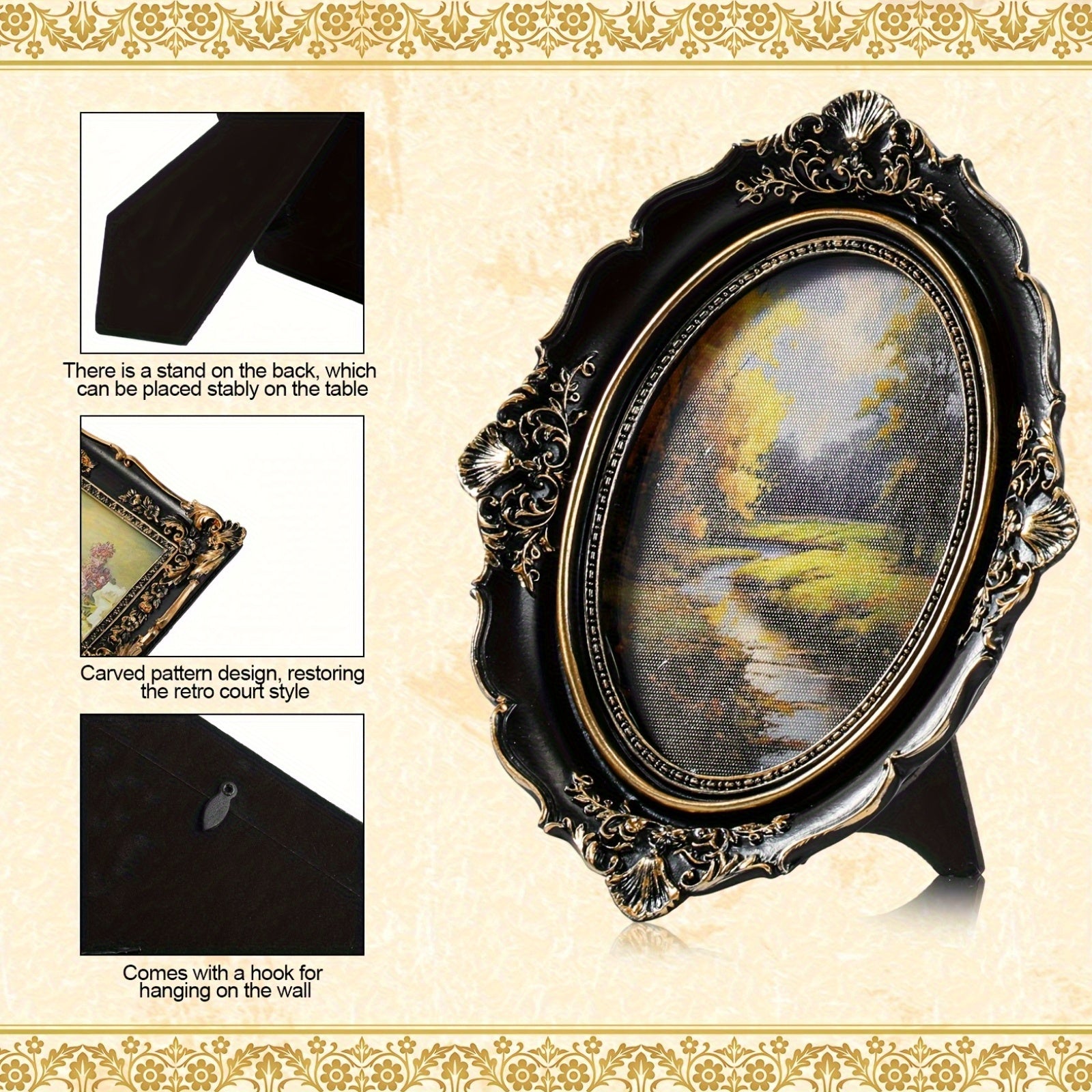 4pcs Elegant Black Gothic Picture Frame Set with Golden Accents - Victorian Antique Wall Hanging Frames for Gallery Display, Perfect for Home Decor, Photo Presentation|Classic Wall Art|Ornate Frames