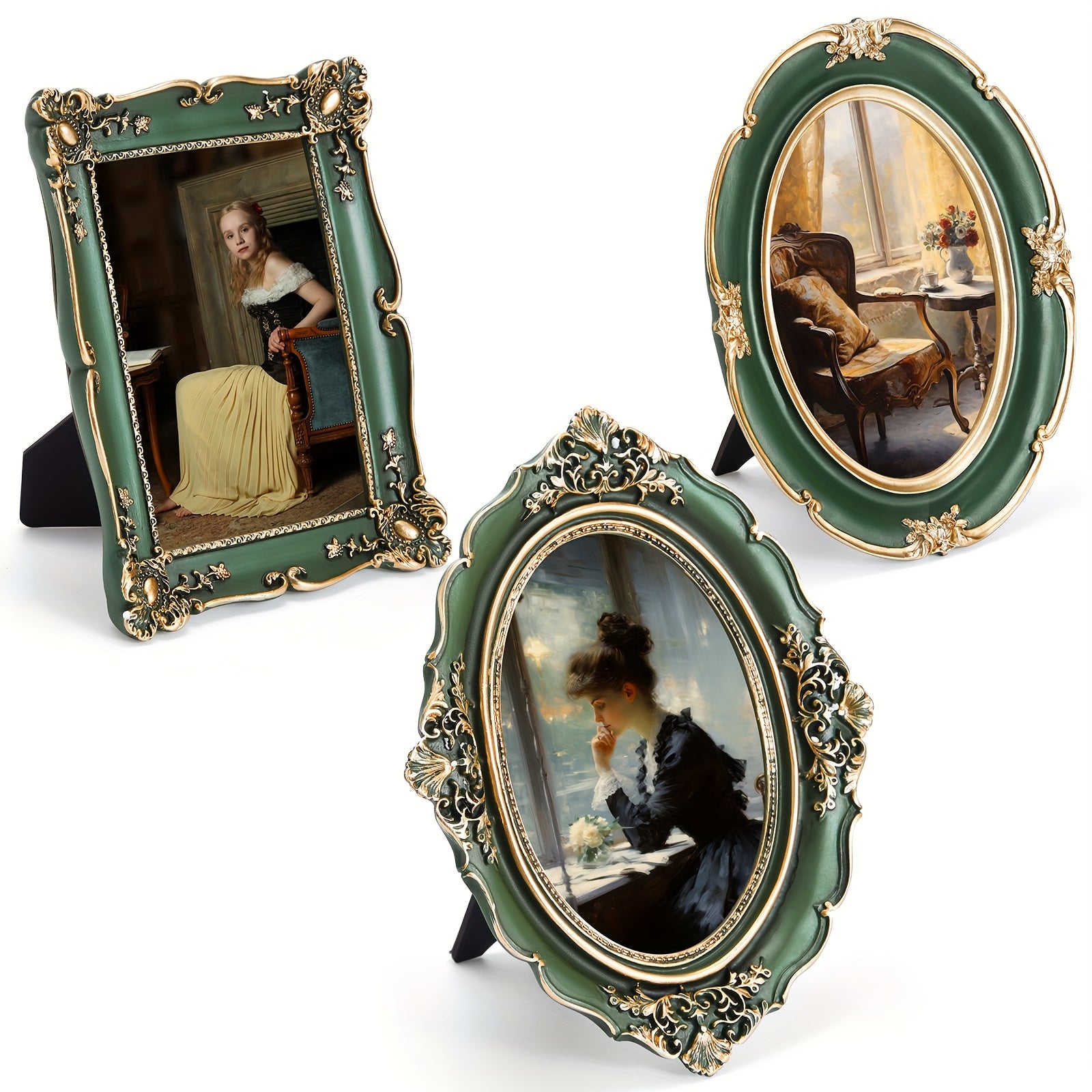 Briwooody 3pcs vintage Green Picture Frame Set - Vintage Ornate Oval Photo Frames with Glass Fronts, Tabletop & Wall-Mountable Display for photos, art, certificates - Horizontal Picture Frames for Decor (Green vintage Style)