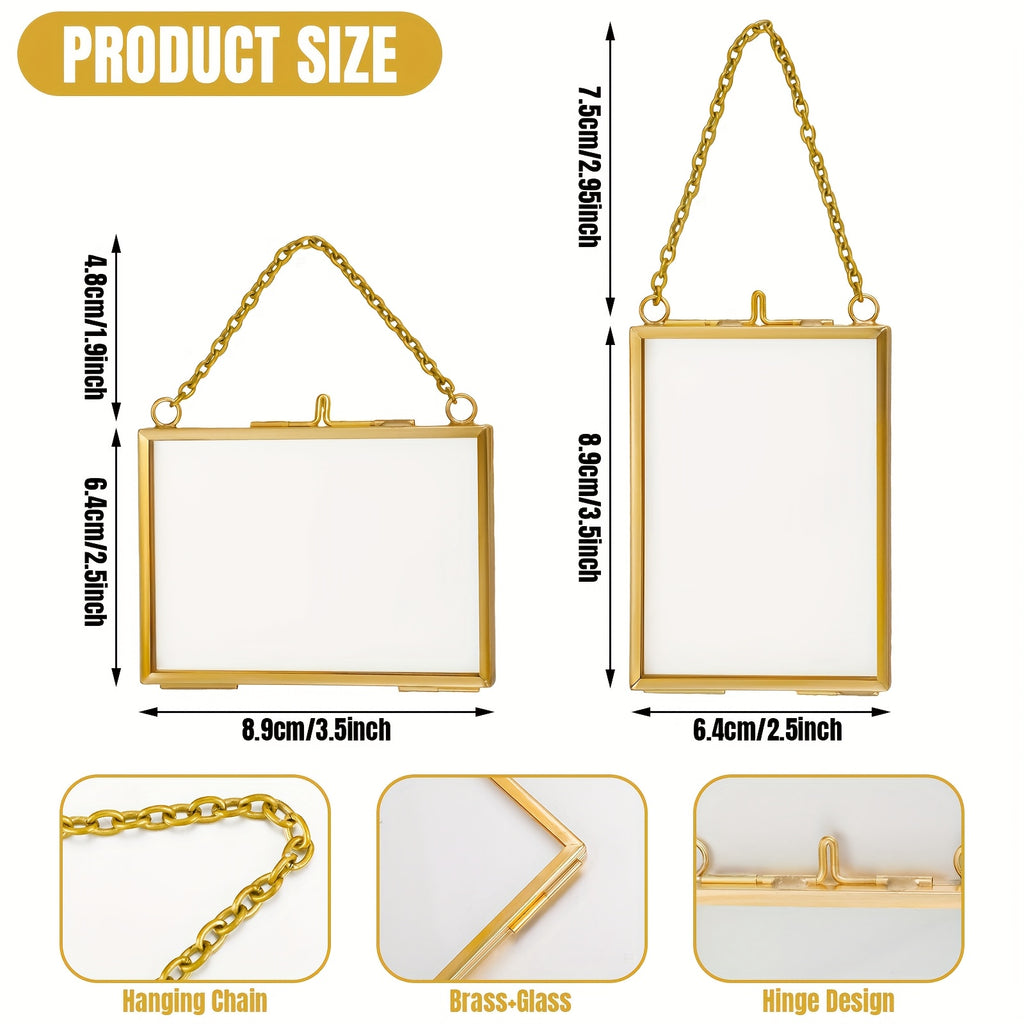20pcs Clear Glass Pressed Flower Frames with Brass Double Glass Panels & Hanging Chains - Vertical\u002FHorizontal Wall-Mountable Photo Frames Suitable for Pressed Flower Art, Photos, Gallery Display - Classic Rectangular Picture Frames