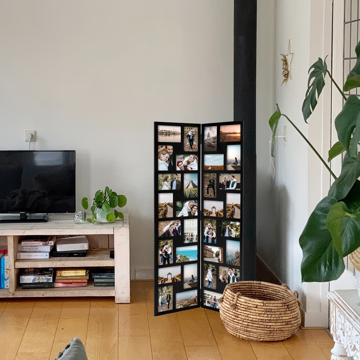 Vintage Black Acrylic Floor Standing Photo Collage Frame - 32 Openings for 4x6 Inch Photos, Hinged Folding Partition Screen Design, Wall-Mounted Home Decor for Living Room, Office, Events