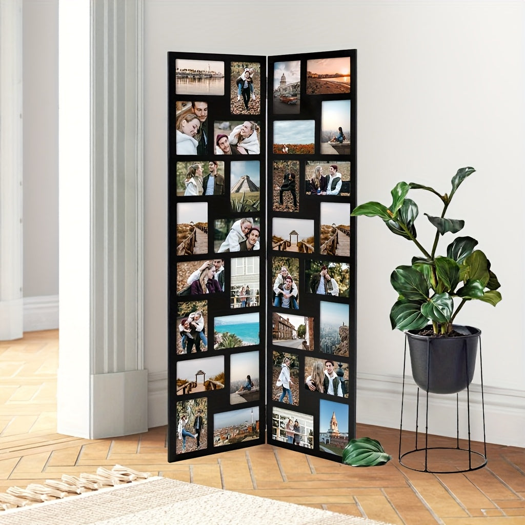 Vintage Black Acrylic Floor Standing Photo Collage Frame - 32 Openings for 4x6 Inch Photos, Hinged Folding Partition Screen Design, Wall-Mounted Home Decor for Living Room, Office, Events