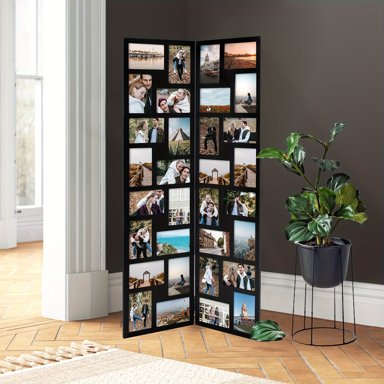 Vintage Black Acrylic Floor Standing Photo Collage Frame - 32 Openings for 4x6 Inch Photos, Hinged Folding Partition Screen Design, Wall-Mounted Home Decor for Living Room, Office, Events