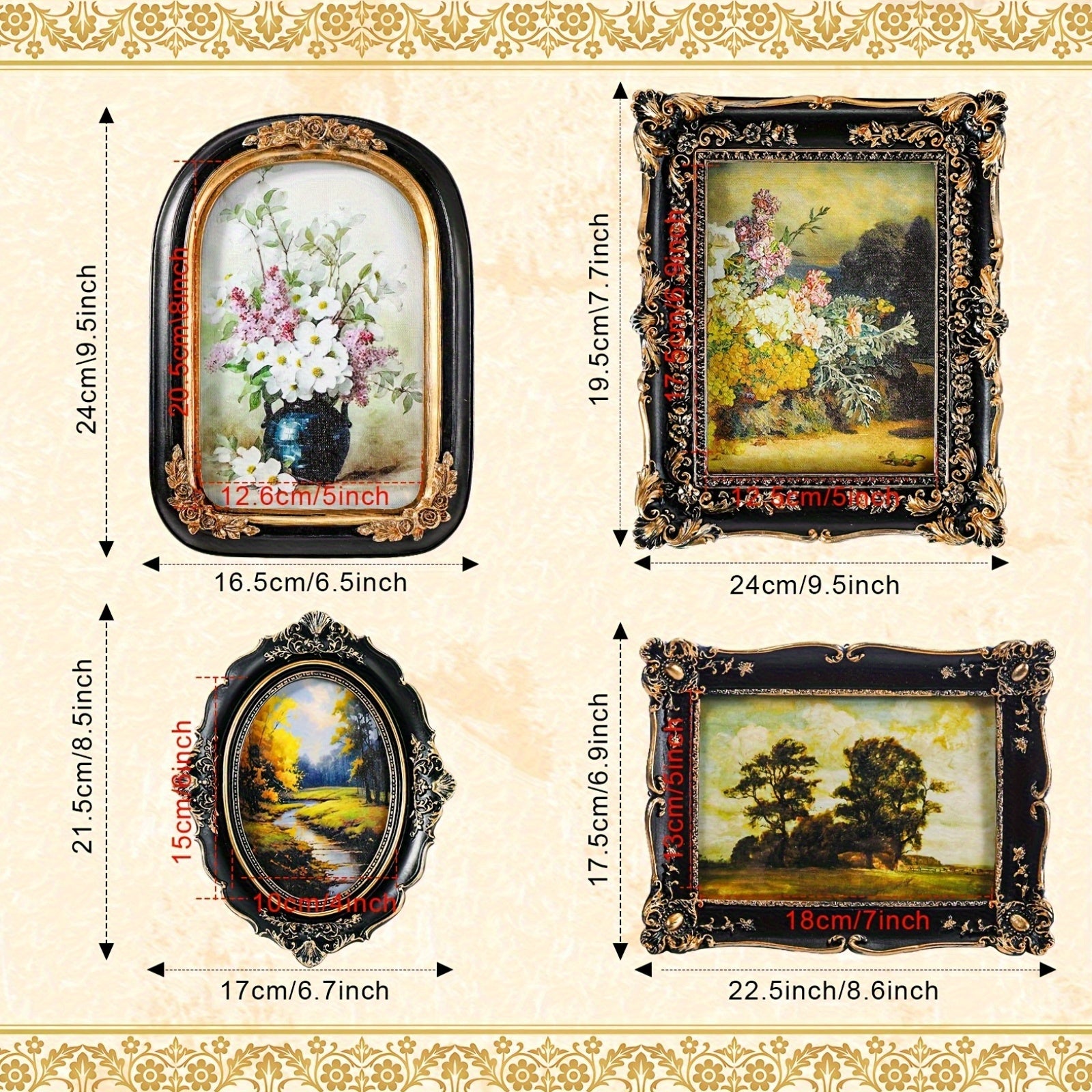 4pcs Elegant Black Gothic Picture Frame Set with Golden Accents - Victorian Antique Wall Hanging Frames for Gallery Display, Perfect for Home Decor, Photo Presentation|Classic Wall Art|Ornate Frames