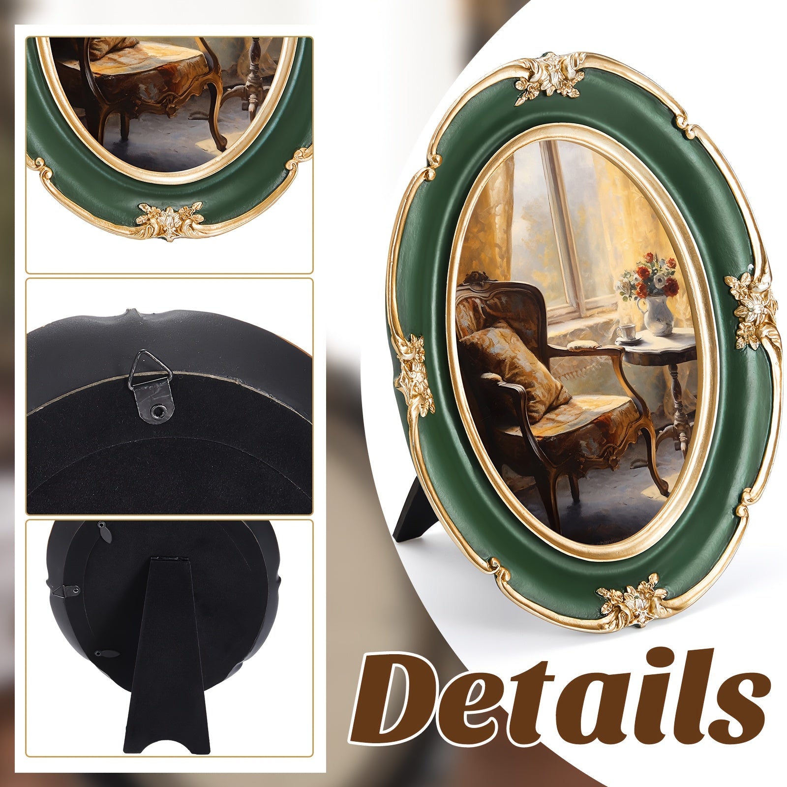 Briwooody 3pcs vintage Green Picture Frame Set - Vintage Ornate Oval Photo Frames with Glass Fronts, Tabletop & Wall-Mountable Display for photos, art, certificates - Horizontal Picture Frames for Decor (Green vintage Style)