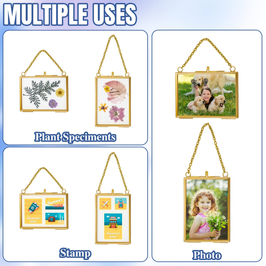 20pcs Clear Glass Pressed Flower Frames with Brass Double Glass Panels & Hanging Chains - Vertical\u002FHorizontal Wall-Mountable Photo Frames Suitable for Pressed Flower Art, Photos, Gallery Display - Classic Rectangular Picture Frames