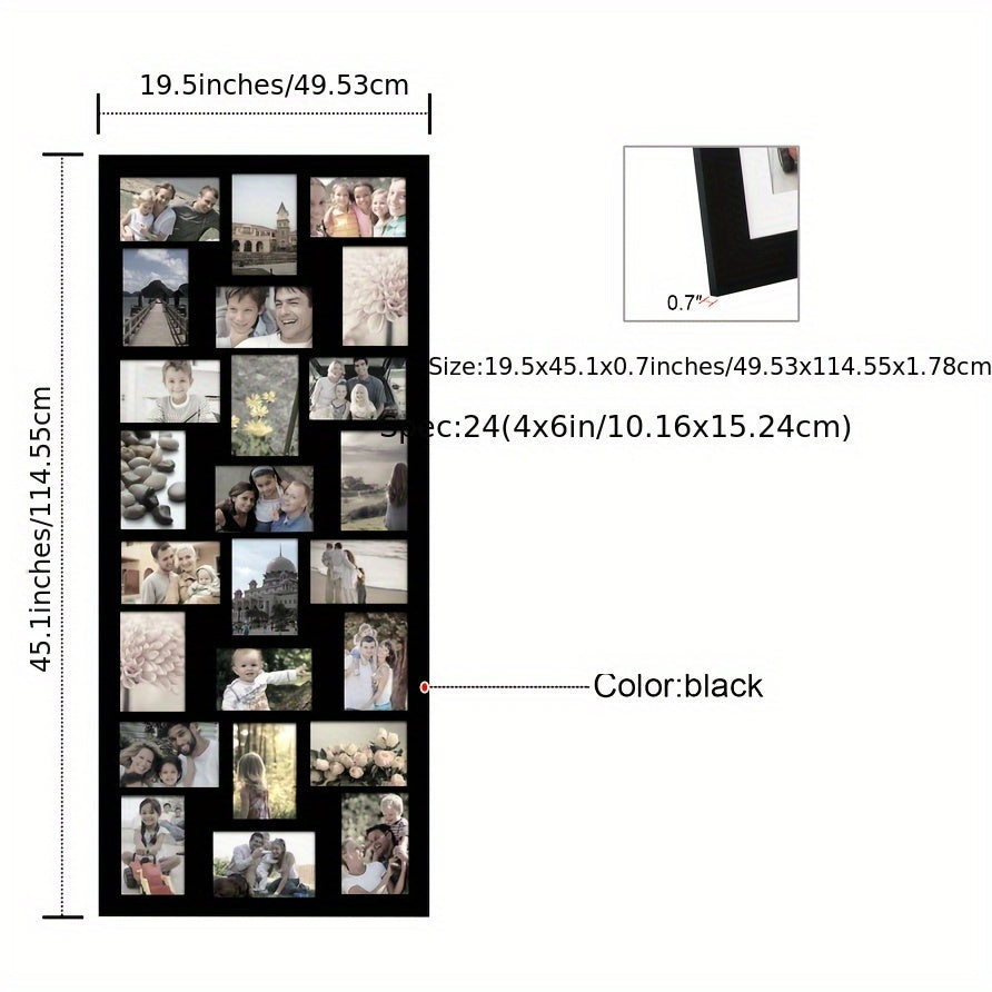 24-Photo Vintage Beach-Themed Wall Hanging Photo Frame - Lightweight Polished Black Mirror Accents, Vertical Wall-Mounted Collage Frame for 4x6 Pictures, Home Decor, Beach Theme Decor, Display, Mirrored Finish, Classic Design