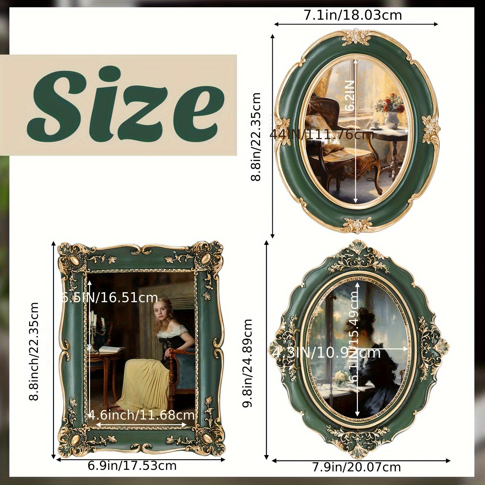 Briwooody 3pcs vintage Green Picture Frame Set - Vintage Ornate Oval Photo Frames with Glass Fronts, Tabletop & Wall-Mountable Display for photos, art, certificates - Horizontal Picture Frames for Decor (Green vintage Style)