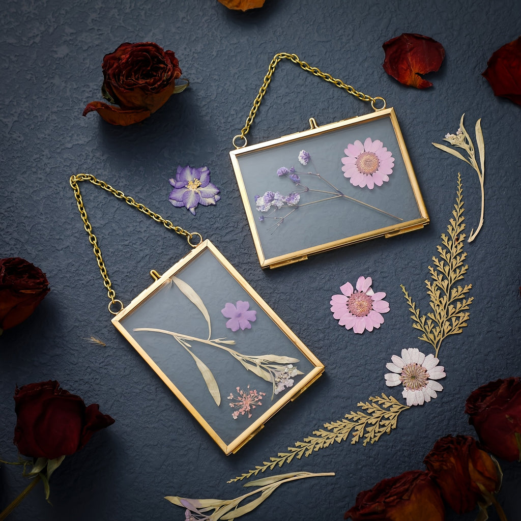 20pcs Clear Glass Pressed Flower Frames with Brass Double Glass Panels & Hanging Chains - Vertical\u002FHorizontal Wall-Mountable Photo Frames Suitable for Pressed Flower Art, Photos, Gallery Display - Classic Rectangular Picture Frames