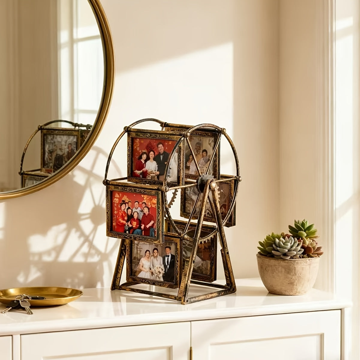 Retro Vintage Rotating Ferris Wheel Picture Frame | Personalized Family Photo Frame Shows 12 Photos, Home Decor, Rotatable Windmill Design, Family Tree Photo, Eclectic Style, Horizontal Orientation, No Electricity Needed