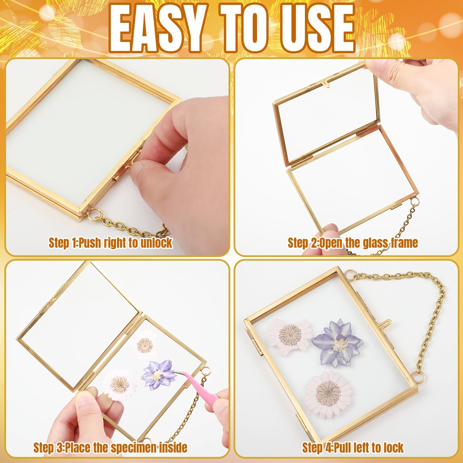 20pcs Clear Glass Pressed Flower Frames with Brass Double Glass Panels & Hanging Chains - Vertical\u002FHorizontal Wall-Mountable Photo Frames Suitable for Pressed Flower Art, Photos, Gallery Display - Classic Rectangular Picture Frames