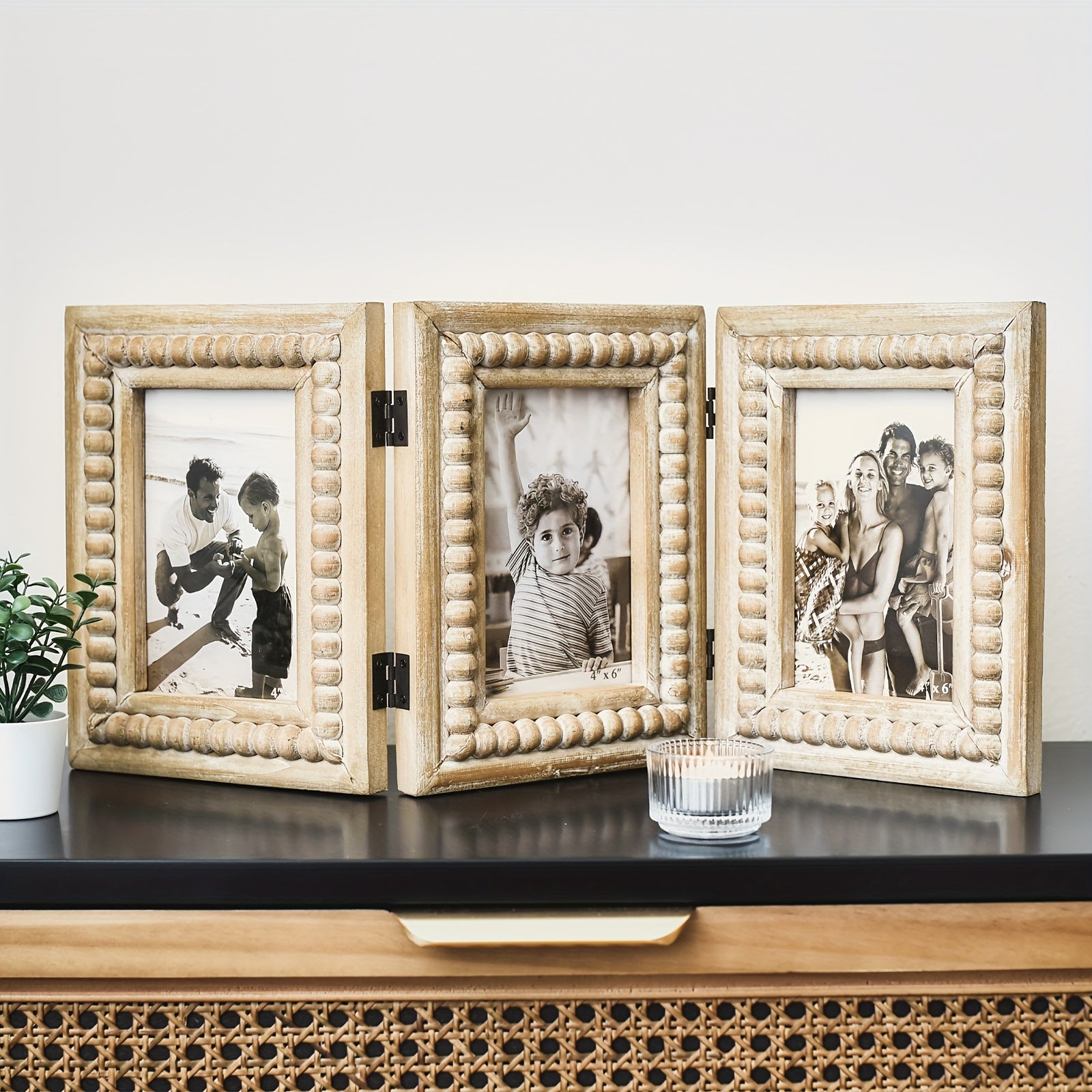 Rustic Distressed 3-Photo Folding Collage Picture Frame with Wood Beads - 3-Panel Tabletop\u002FWall-Mountable Picture Frame Suitable for 4x6 Photos, Farmhouse Decor Gift for Family & Friends