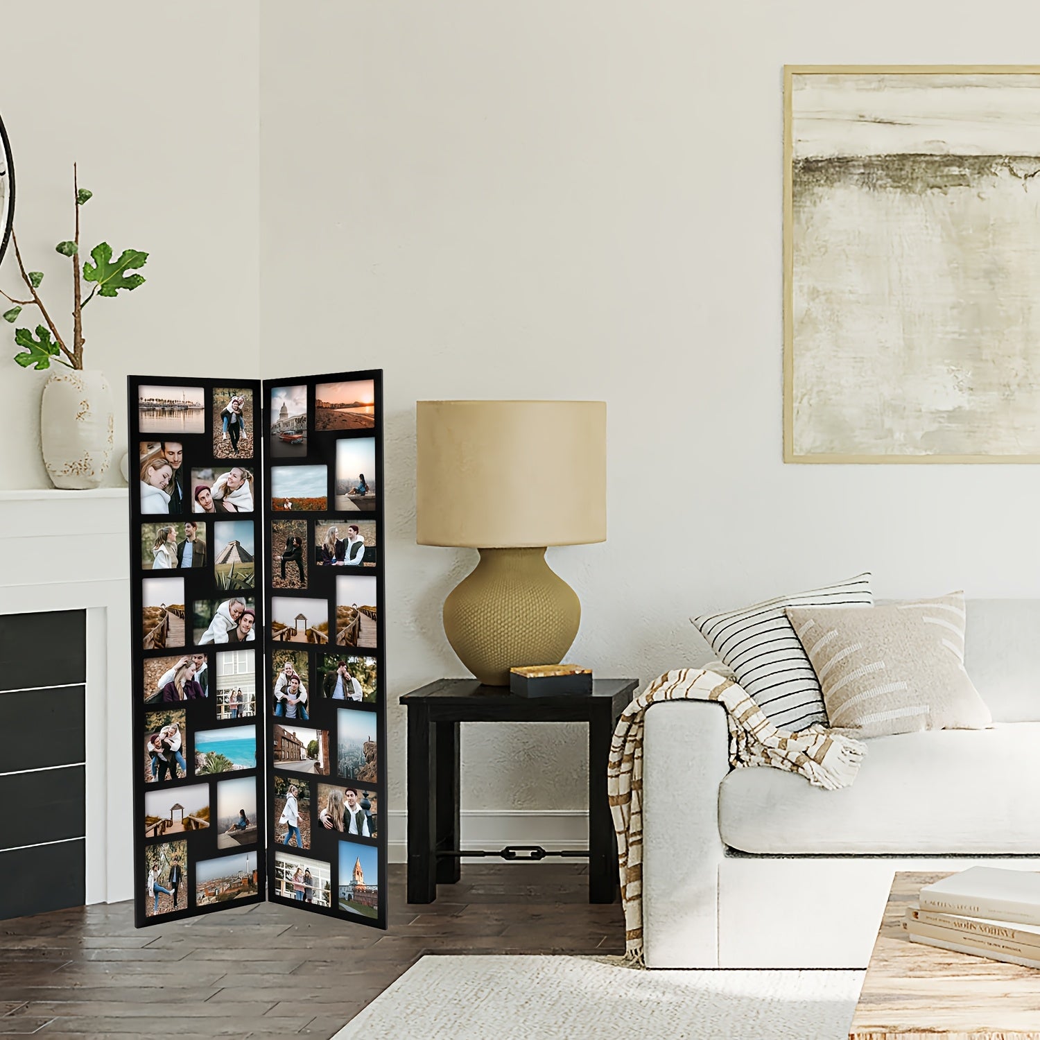 Vintage Black Acrylic Floor Standing Photo Collage Frame - 32 Openings for 4x6 Inch Photos, Hinged Folding Partition Screen Design, Wall-Mounted Home Decor for Living Room, Office, Events