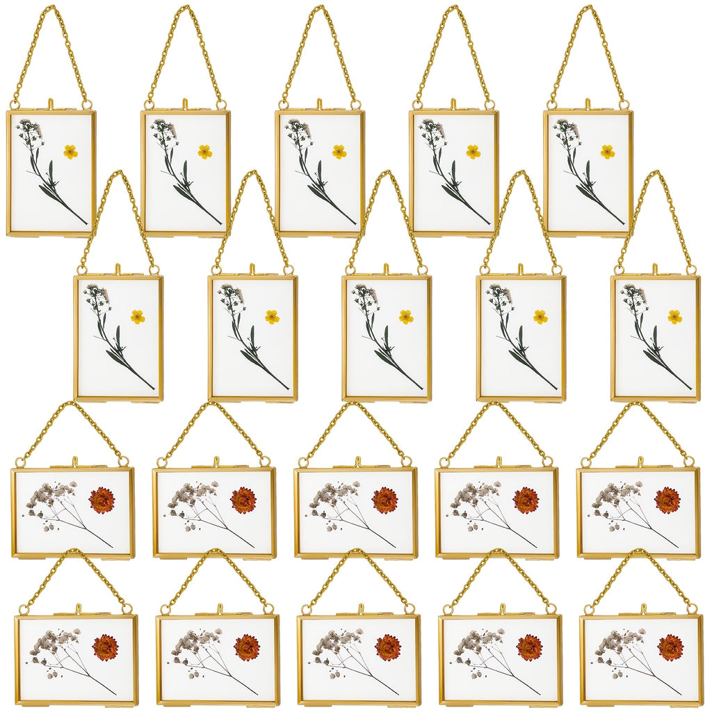 20pcs Clear Glass Pressed Flower Frames with Brass Double Glass Panels & Hanging Chains - Vertical\u002FHorizontal Wall-Mountable Photo Frames Suitable for Pressed Flower Art, Photos, Gallery Display - Classic Rectangular Picture Frames