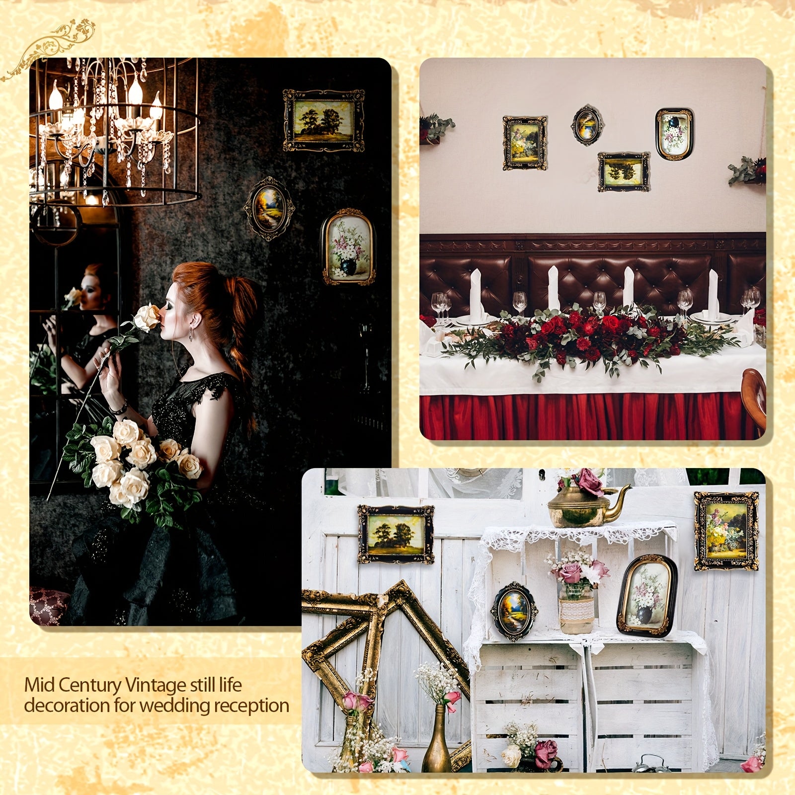 4pcs Elegant Black Gothic Picture Frame Set with Golden Accents - Victorian Antique Wall Hanging Frames for Gallery Display, Perfect for Home Decor, Photo Presentation|Classic Wall Art|Ornate Frames