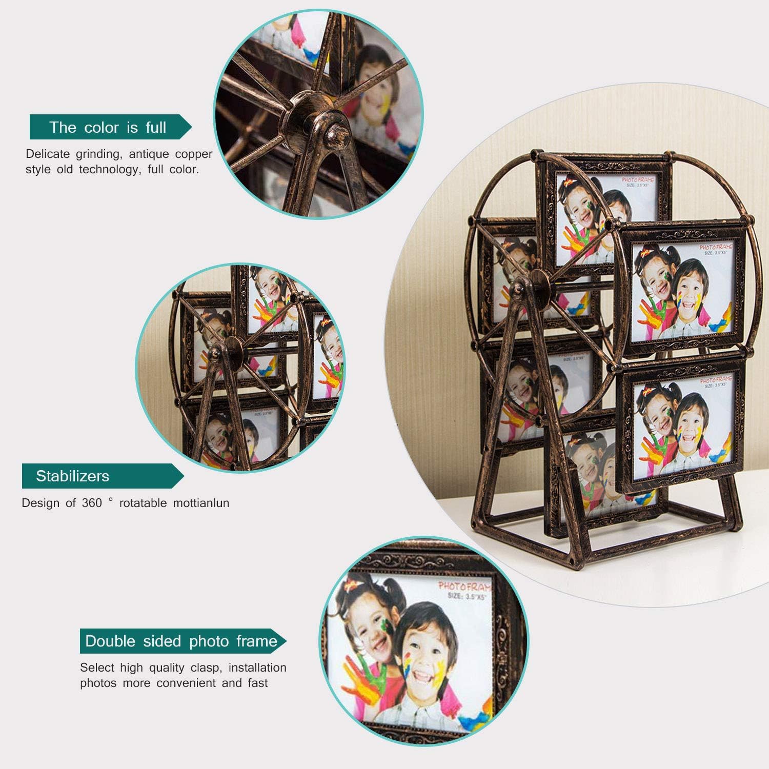 Retro Vintage Rotating Ferris Wheel Picture Frame | Personalized Family Photo Frame Shows 12 Photos, Home Decor, Rotatable Windmill Design, Family Tree Photo, Eclectic Style, Horizontal Orientation, No Electricity Needed