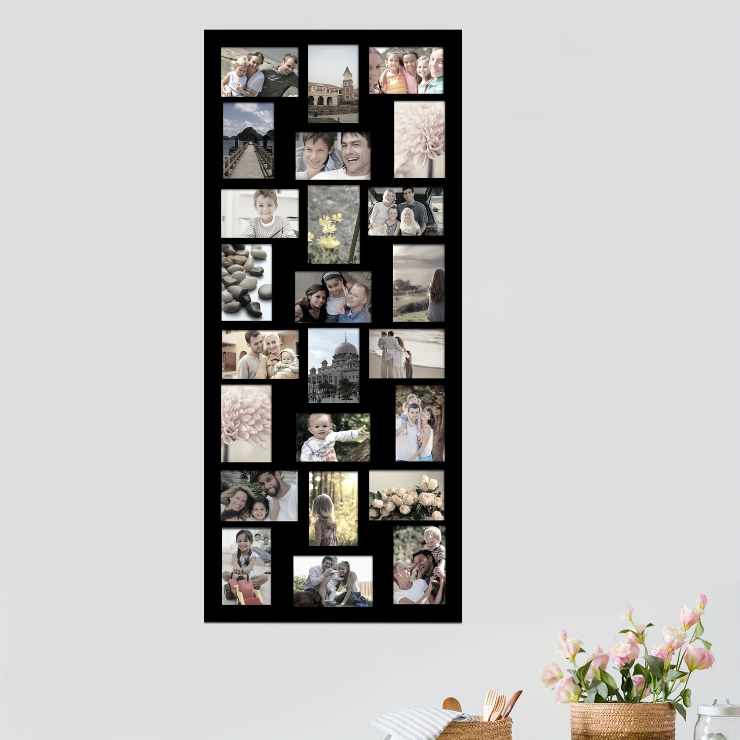 24-Photo Vintage Beach-Themed Wall Hanging Photo Frame - Lightweight Polished Black Mirror Accents, Vertical Wall-Mounted Collage Frame for 4x6 Pictures, Home Decor, Beach Theme Decor, Display, Mirrored Finish, Classic Design