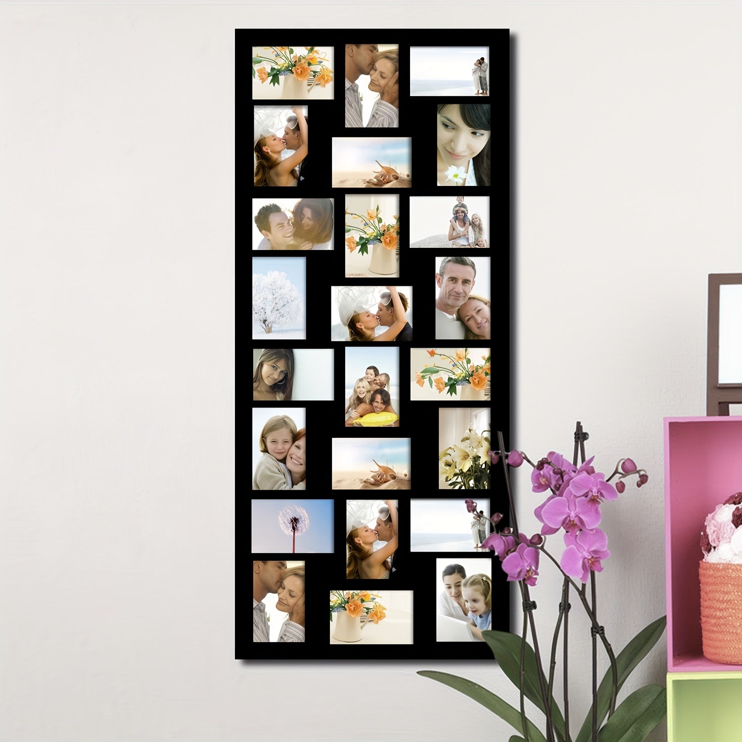 24-Photo Vintage Beach-Themed Wall Hanging Photo Frame - Lightweight Polished Black Mirror Accents, Vertical Wall-Mounted Collage Frame for 4x6 Pictures, Home Decor, Beach Theme Decor, Display, Mirrored Finish, Classic Design