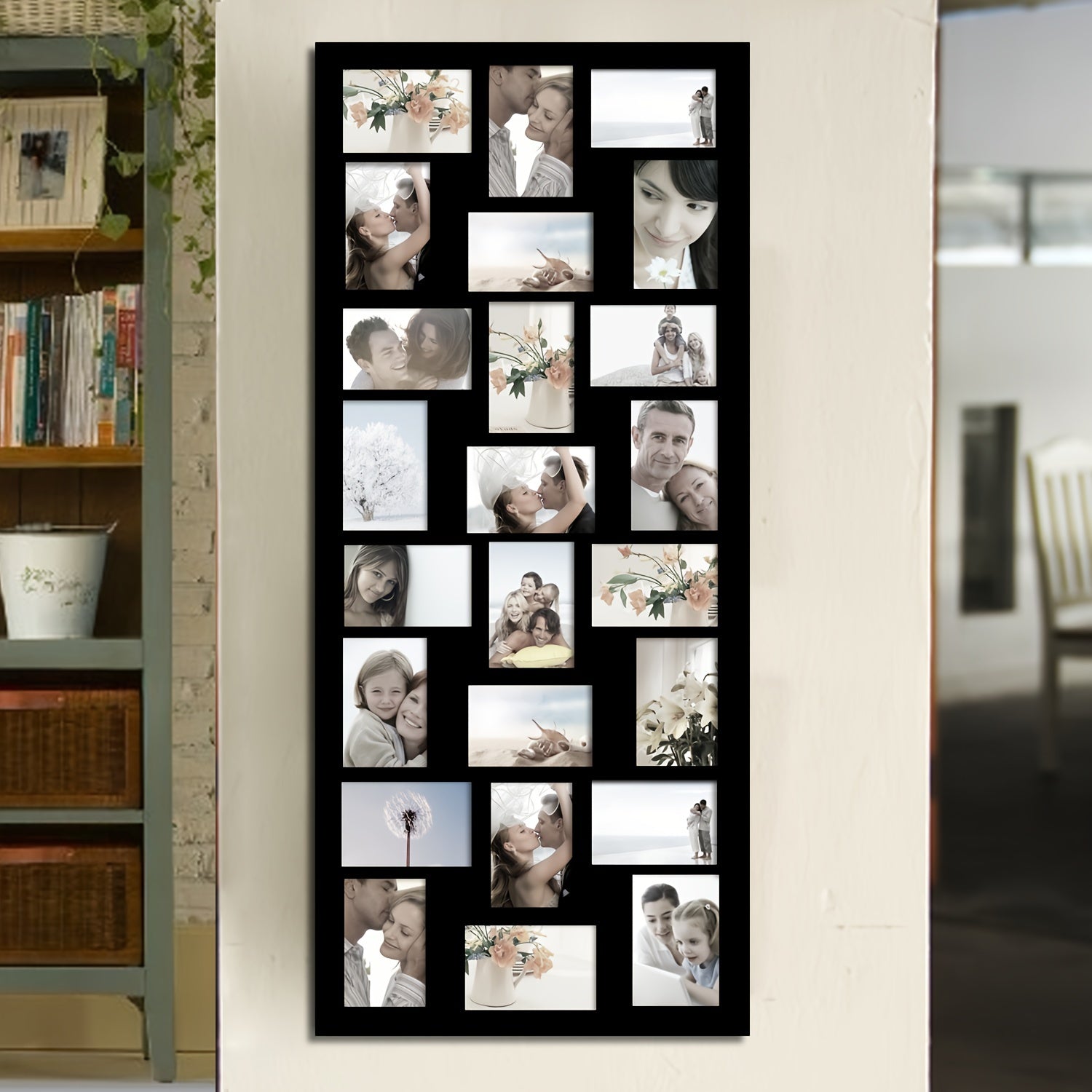 24-Photo Vintage Beach-Themed Wall Hanging Photo Frame - Lightweight Polished Black Mirror Accents, Vertical Wall-Mounted Collage Frame for 4x6 Pictures, Home Decor, Beach Theme Decor, Display, Mirrored Finish, Classic Design